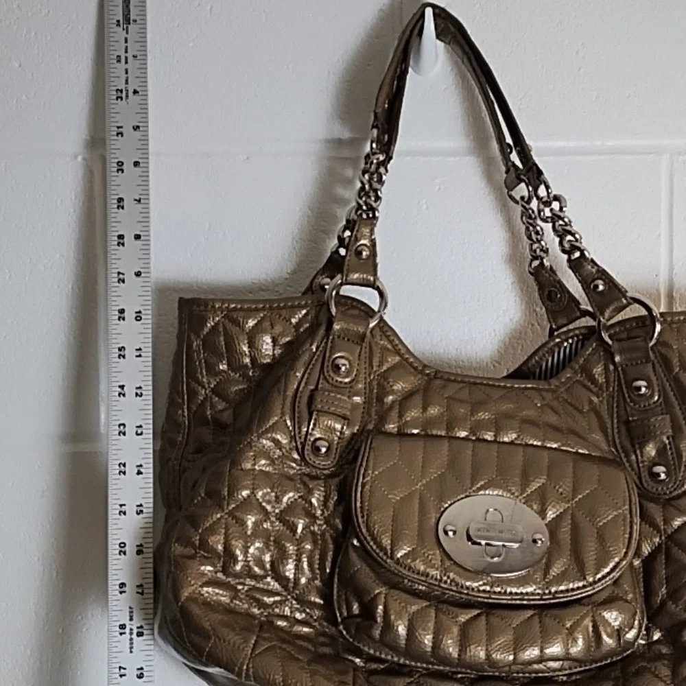 Gold Quilted Shoulder Bag with Chain Handles